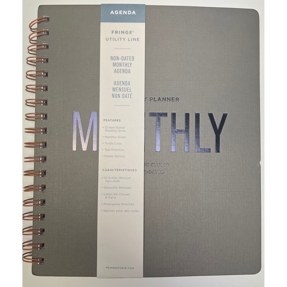 Fringe Studio Non-Dated Monthly Agenda Planner Grey Linen Utility Line Spiral